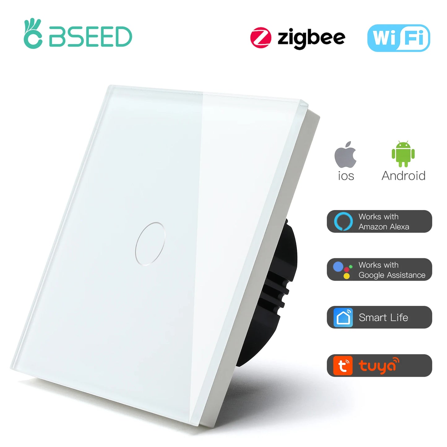 BSEED Zigbee Smart Light Switch 1/2/3Gang Wall Touch Switch Smart Life Google Alexa Tuya App Control No Neutral Wire Required