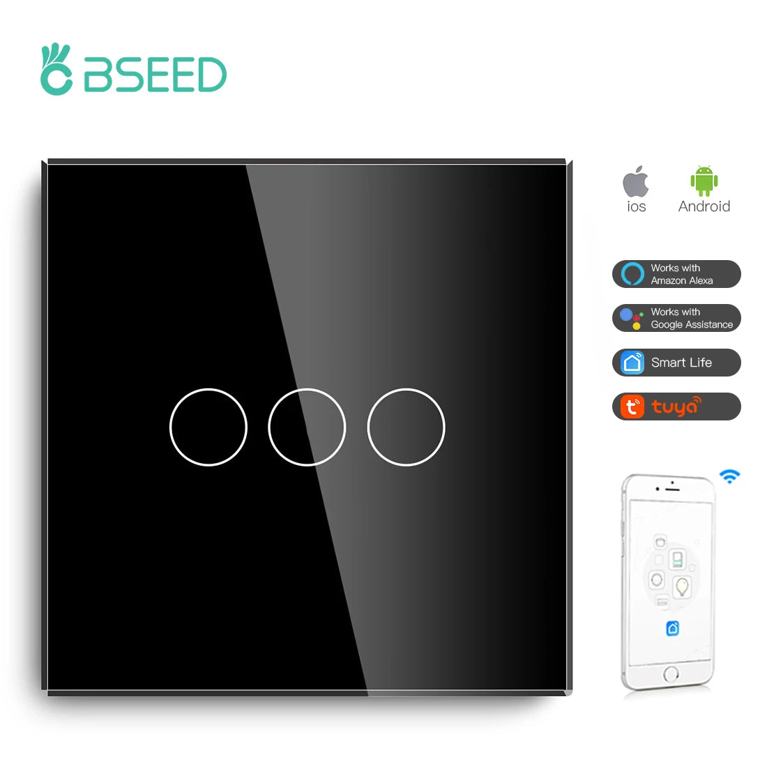 BSEED Wifi Light Switches Smart Wall Switch 1/2/3Gang 1/2/3/4Way Touch Sensor Switch With Normal Socket Support Tuya Smart Life