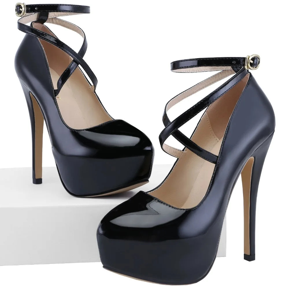 2026 New Women Pumps 14cm Super High heels ankle Strap Patent Leather Platform Sexy  Party Dress Red Wedding Shoes