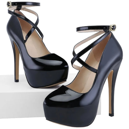 2026 New Women Pumps 14cm Super High heels ankle Strap Patent Leather Platform Sexy  Party Dress Red Wedding Shoes