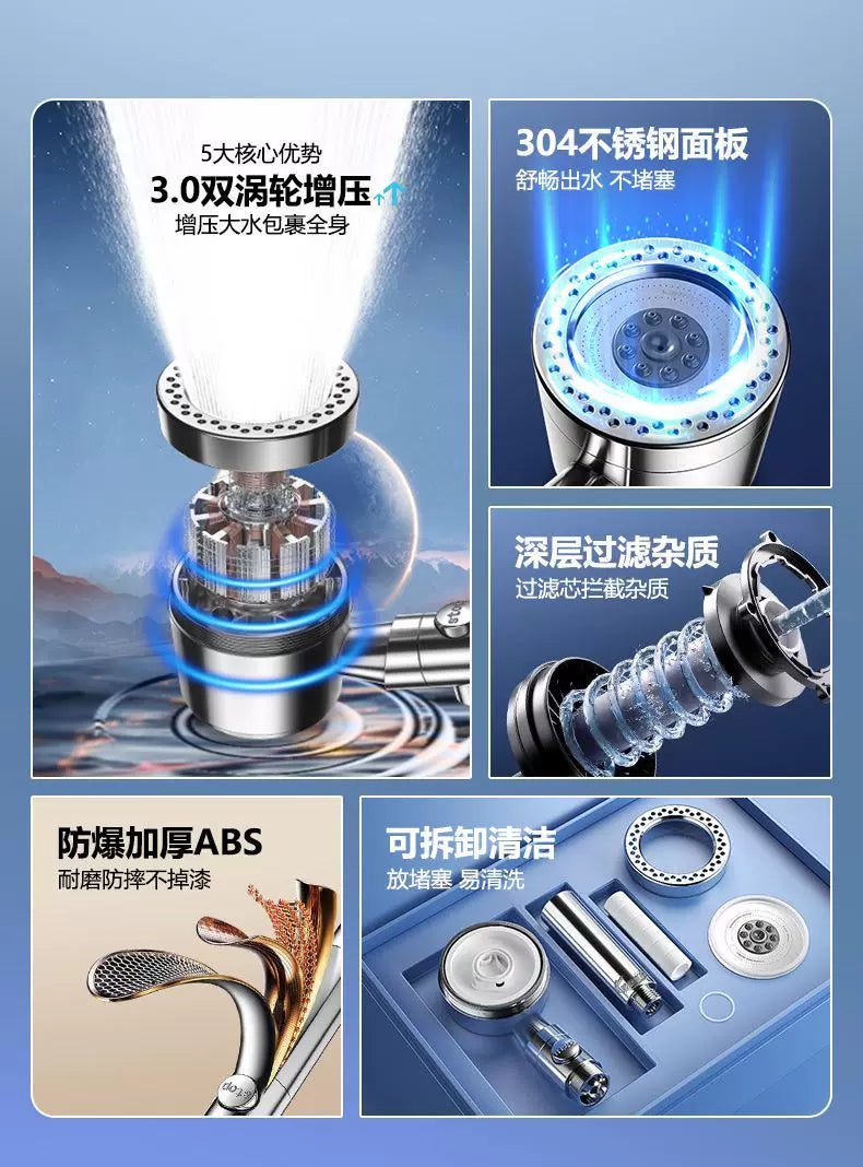 New 5 Mode Pressurized Shower Head With Filter Stop Button Water Saving Spray Nozzles Big Boost Showerhead Bathroom Accessories
