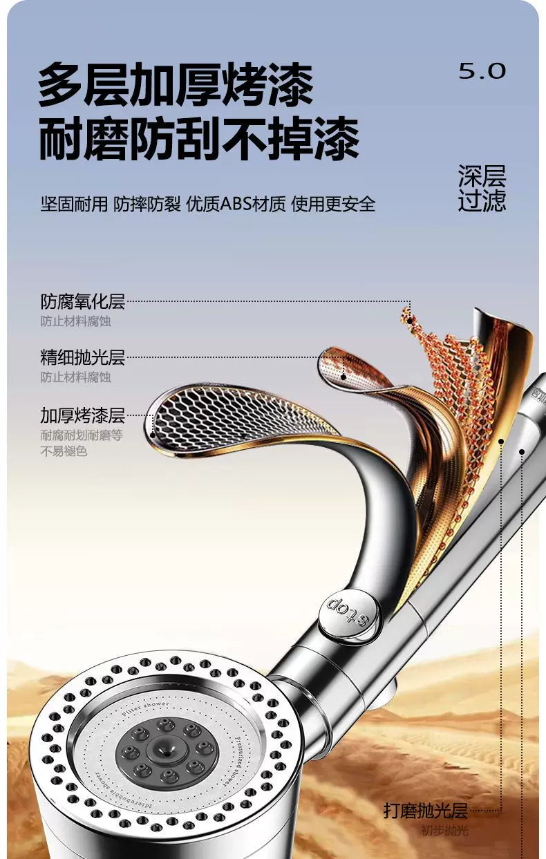 New 5 Mode Pressurized Shower Head With Filter Stop Button Water Saving Spray Nozzles Big Boost Showerhead Bathroom Accessories