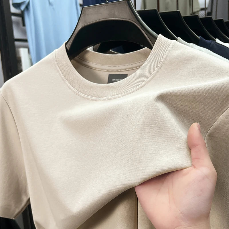 High quality luxury short sleeve T-shirt summer breathable cool silk cotton fashion solid color round neck top casual men's wear