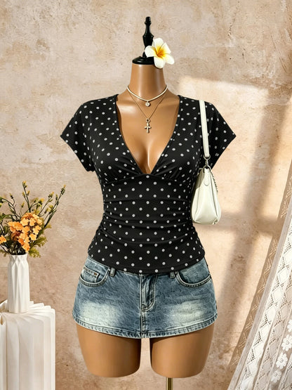 Women Short Sleeve Deep V Neck Side Ruched Wrap Crop T Shirt 2026 Summer Y2K Casual Streetwear Basic Solid Tees