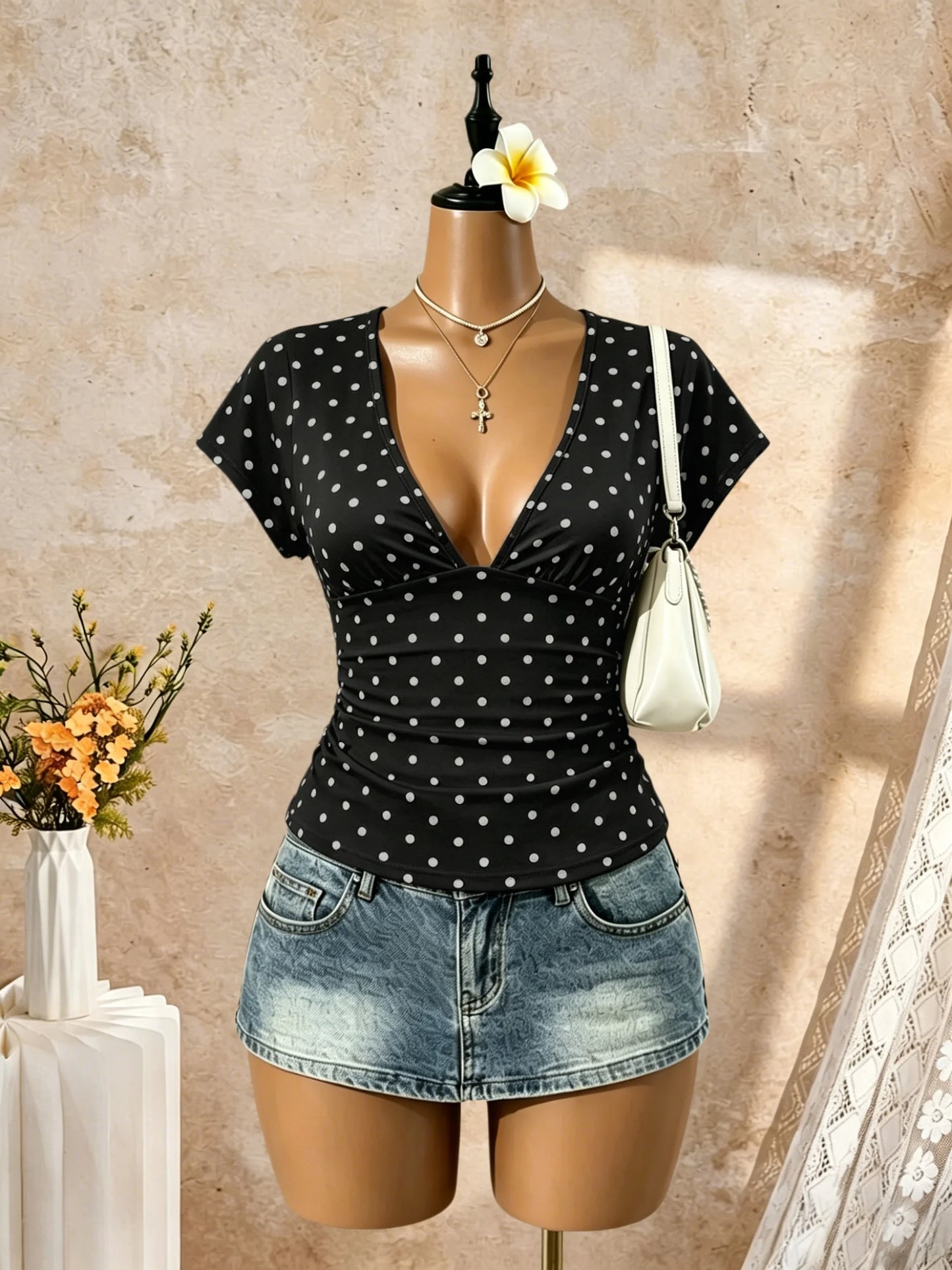 Women Short Sleeve Deep V Neck Side Ruched Wrap Crop T Shirt 2026 Summer Y2K Casual Streetwear Basic Solid Tees