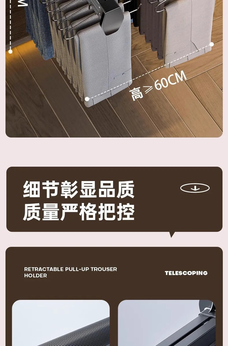 Multifunctional Wardrobe Trouser Hanger with Built-In Telescopic Pants Storage Pull-Out Clothes Rail Shelf Wardrobe Organizer