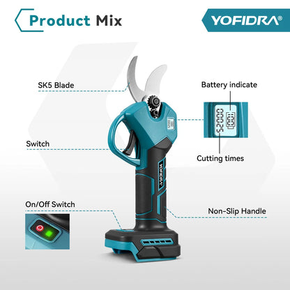 YOFIDRA 30mm Brushless Electric Pruner Cordless Handheld Orchard Shrub Pruning Tree Branches Cutter For Makita 18V Battery Pin