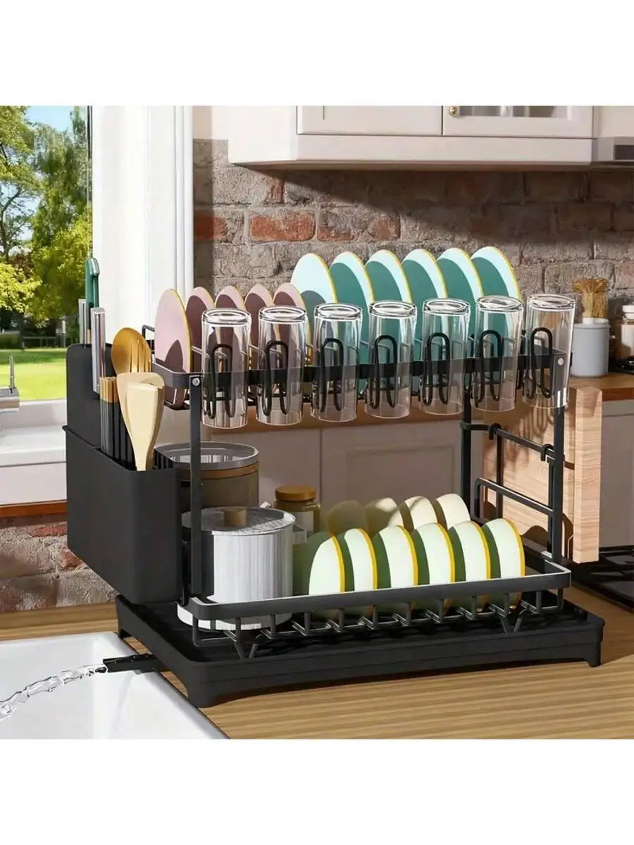 Stozle Double-Layer Dish Drying Rack For Kitchen Countertops, With Drainer Tray, Dish Drying Rack, Kitchen Organization And Stor