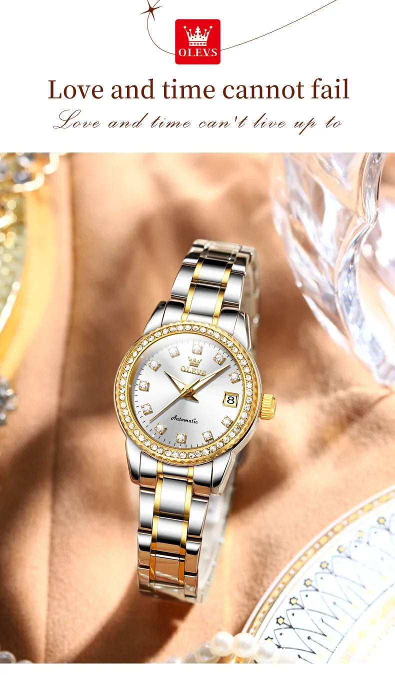 OLEVS 7003 Women Automatic Watch Waterproof Luminous Calendar Mechanical Ladies Wristwatch Steel Strap Luxury Watch Women