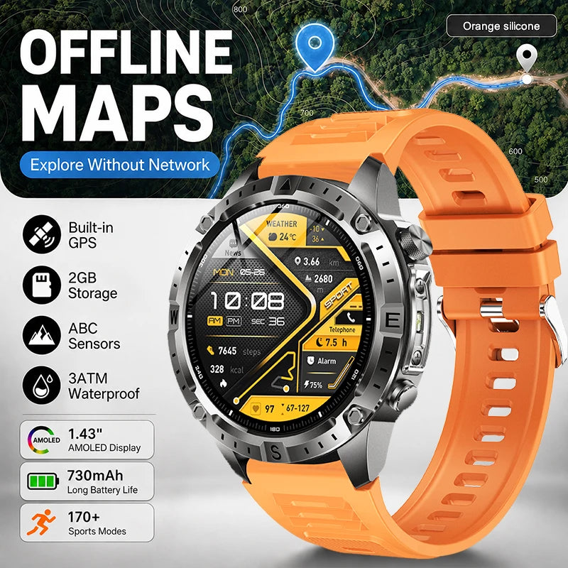 New Outdoor GPS Offline Map Smart Watch Men 3ATM Waterproof 170+ Sports LED Compass Altimeter AMOLED Bluetooth Call Smartwatch