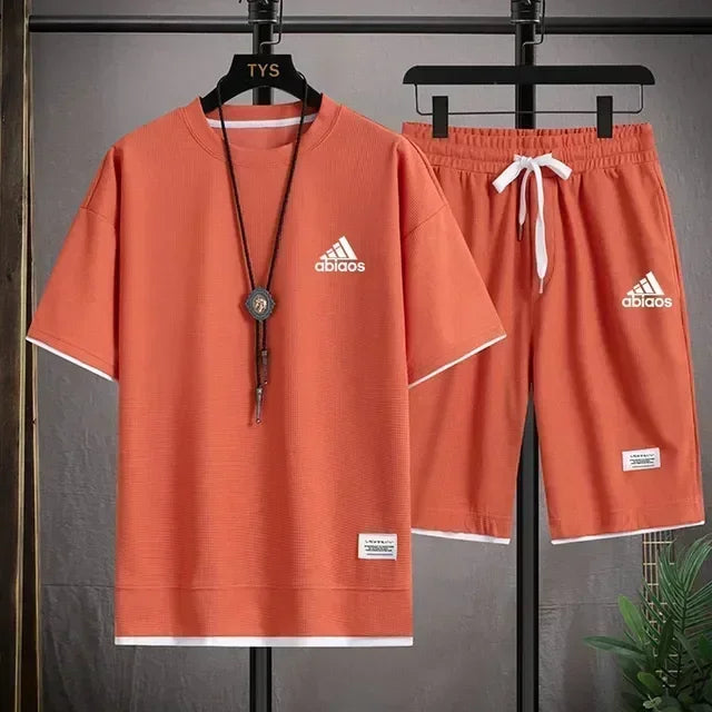 Men's casual short sleeved T-shirt and sports shorts, breathable comfortable running waffle set, summer fashion, 2026