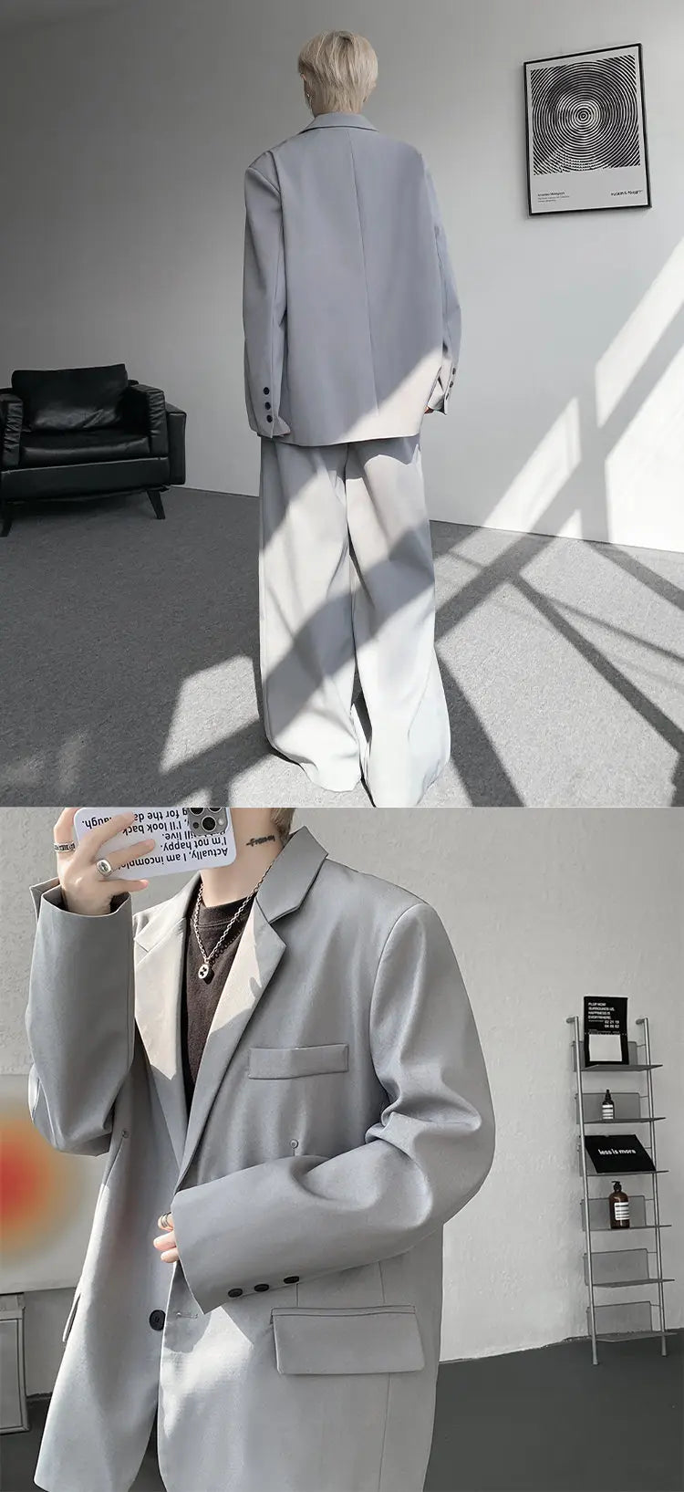 Casual suit set Men Loose fitting 2 piece suit Shoulder pads Trend Streetwear Korean 2025 NEW suit jacker+suit pants