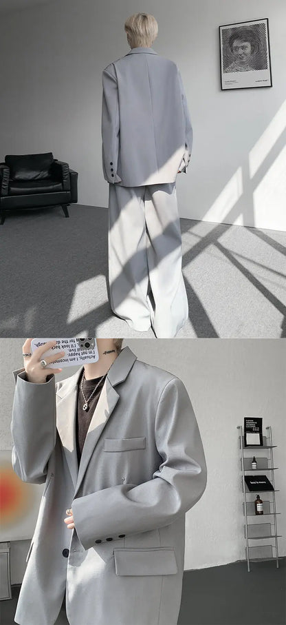Casual suit set Men Loose fitting 2 piece suit Shoulder pads Trend Streetwear Korean 2025 NEW suit jacker+suit pants