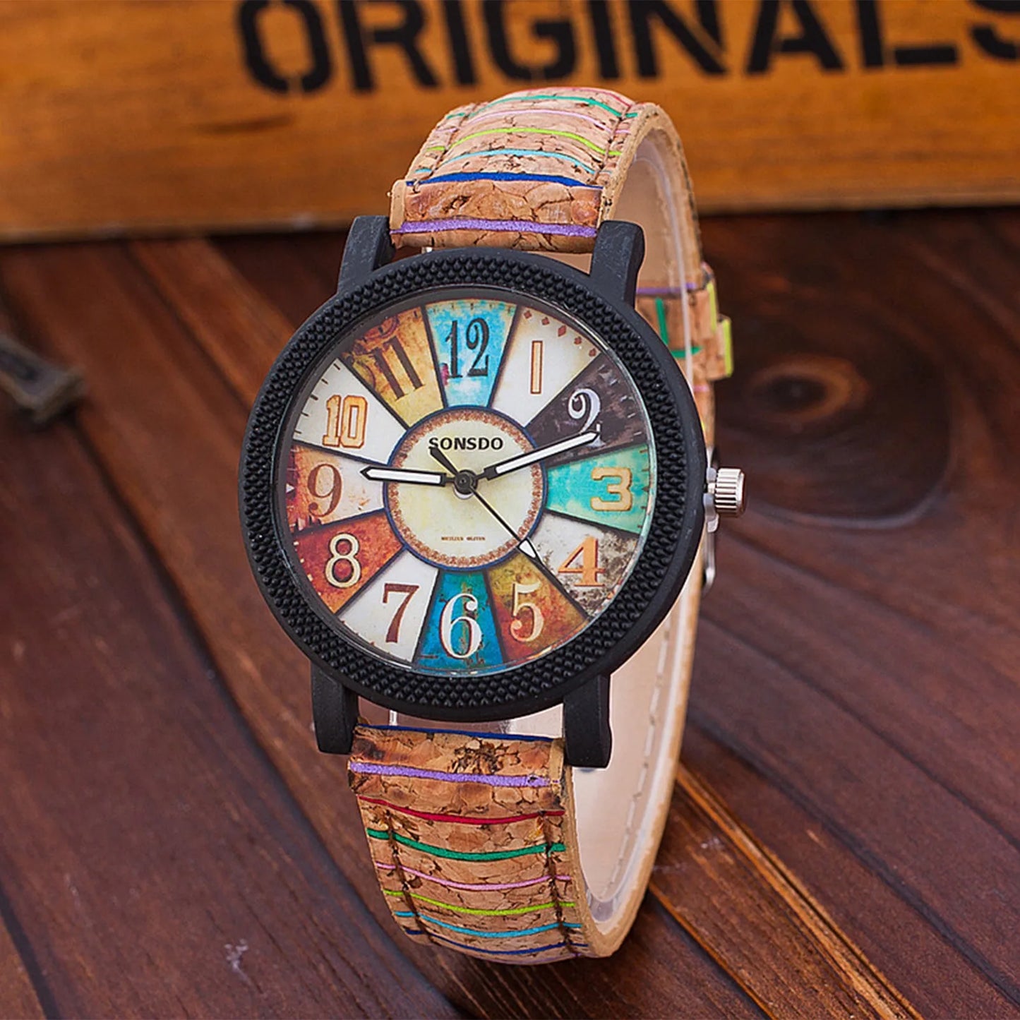 Women'S Quartz Watch Rainbow Color Digital Clock Wood Grain Turntable Top New Famous Retro Casual Leather Strap Student Gift