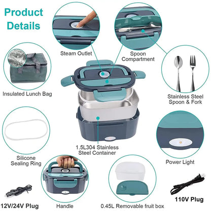 1.5 L 60W Electric Lunch Box Food Warmer Portable Food Heater for Car Or Home - Leak Proof, Lunch Heating Microwave for Truckers