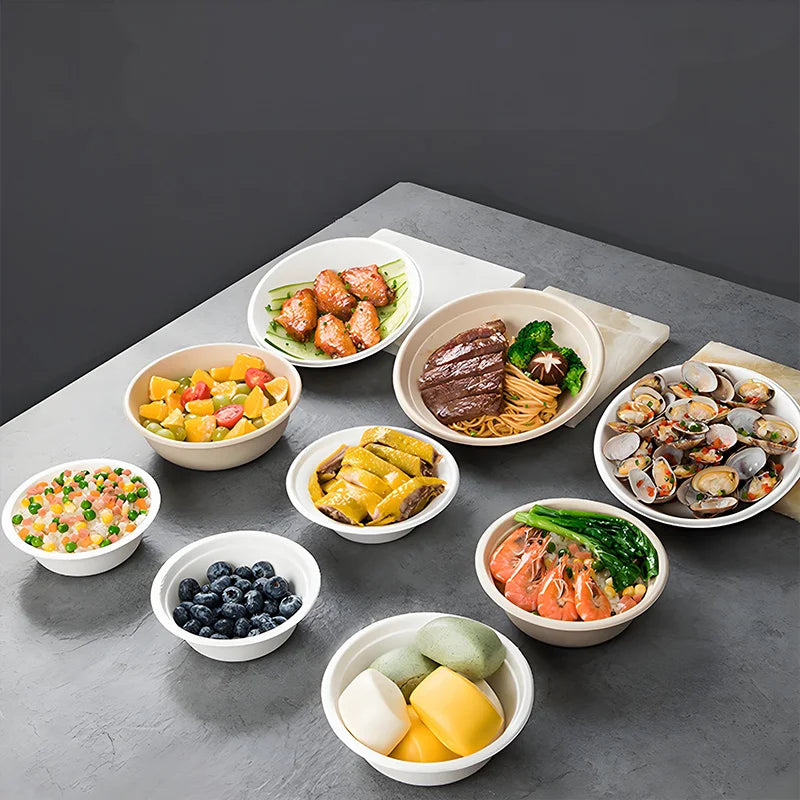 220ml White Pulp Bowl 50pcs, Disposable Sugarcane Fiber Bowl for Party, Takeaway, Food Service, Eco Safe & Leak Proof, 11.5cm