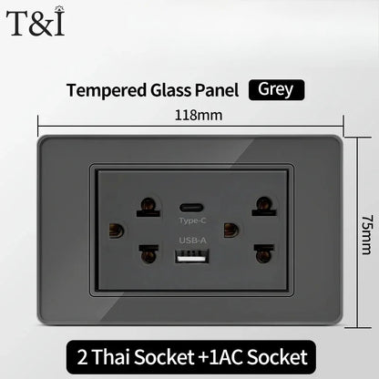 118*75mm TEMPERED GLASS SWITCH PANEL Wall Socket with USB Type - C, Grey US Switch, Thai Plug for Home & Office Use