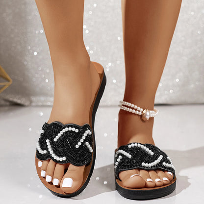 PXASXR Pearl Sandals for Women Fashionable Wear-Resistant Flat Bottom Slippers Comfortable Casual Beachwear Outdoor Slippers