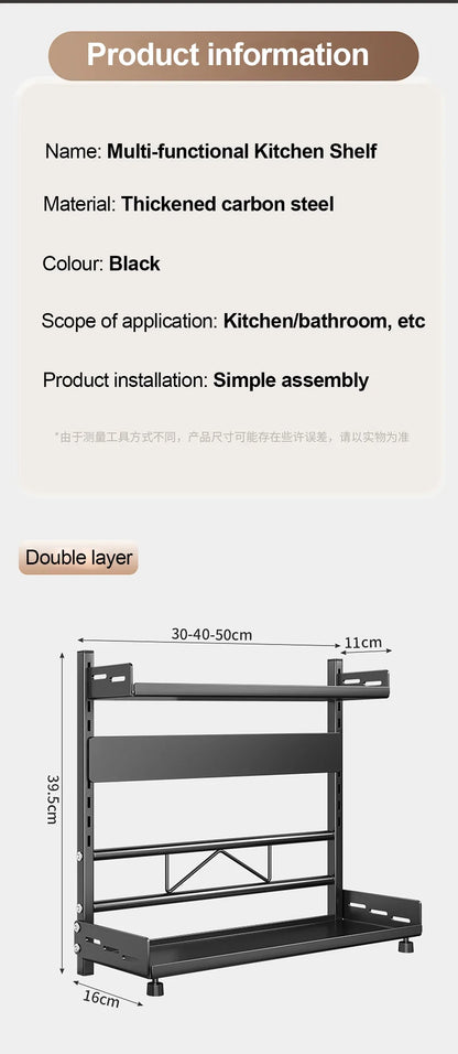 3 Tier Spice Storage Rack for Countertop Adjustable Spice Organization For Cabinet Kitchen Organizer Metal Shelf Black
