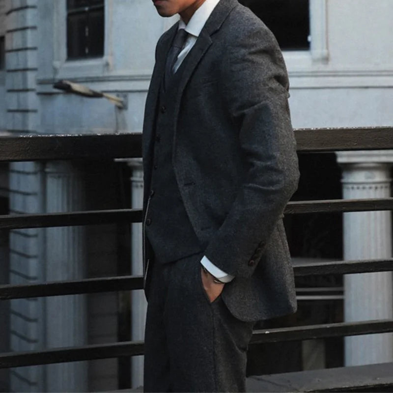 Retro British Yuppie Gentleman's Peaky Blinders Style Wool Tweed Herringbone Slim-Fit Suit Three-Piece Suit