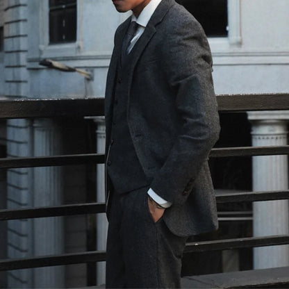 Retro British Yuppie Gentleman's Peaky Blinders Style Wool Tweed Herringbone Slim-Fit Suit Three-Piece Suit