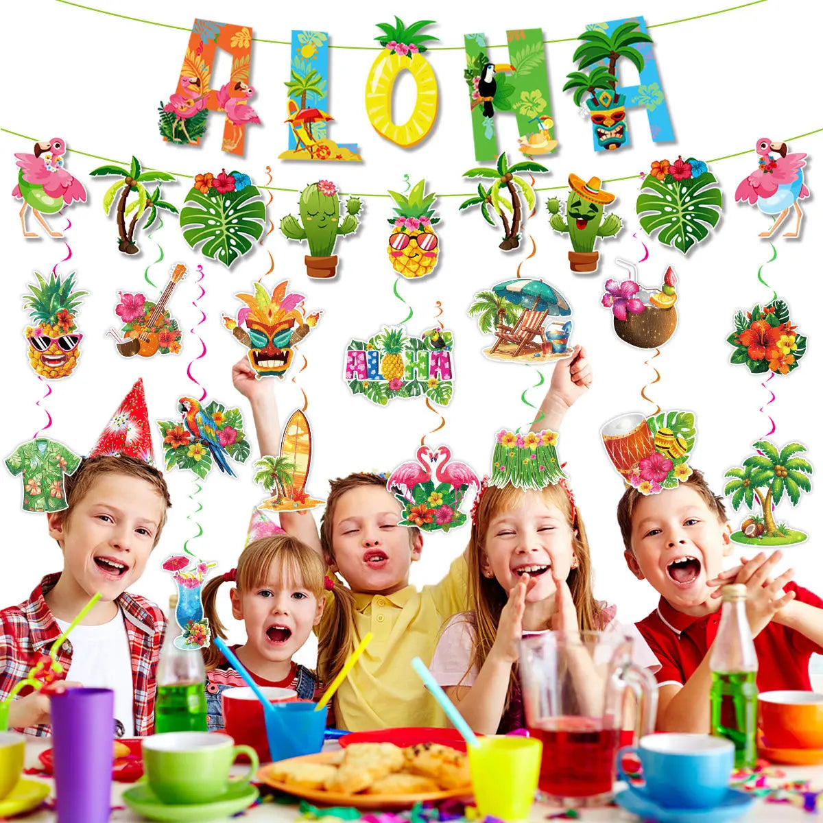 Hawaiian Party Photo Props Decorations Summer Beach Tropical Flamingo Party Supplies Aloha Banner Hawaiian Party DIY Supplies