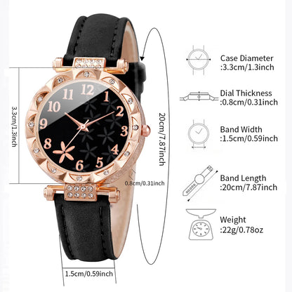 5/6PCS Fashion Rhinestone Women Watches Casual Leather Band Quartz Watch for Women Clock Jewelry Set Reloj Mujer（Without Box）