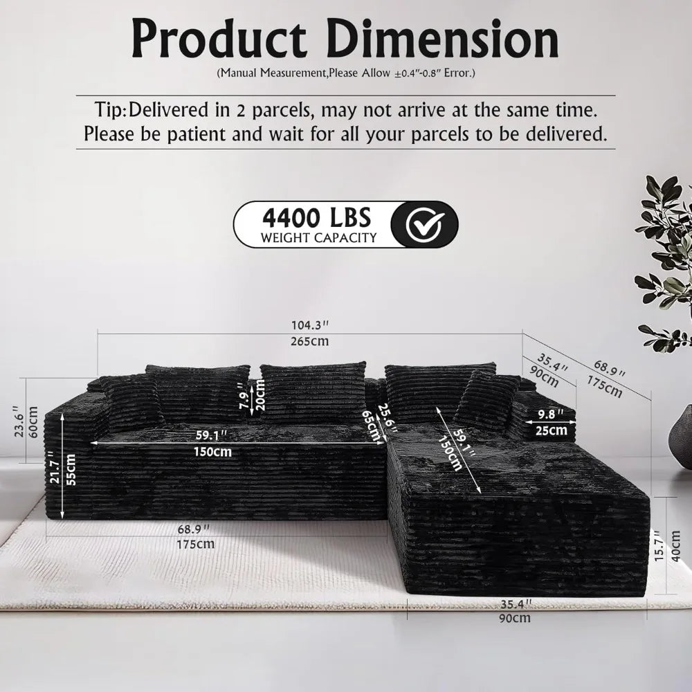 104" L-Shape Corduroy Sectional Sofa Deep Seat Chaise Living Room No Assembly Required, Custom