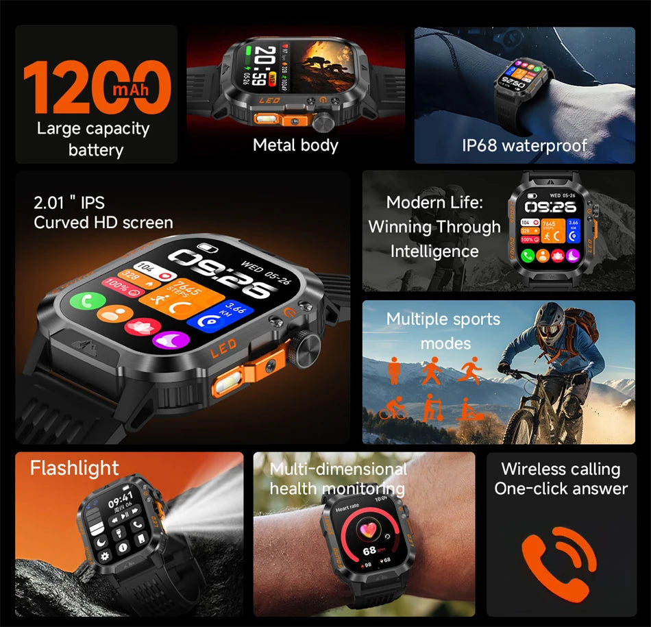 2026 New 1200 mAh Battery Military Smartwatch Men 5ATM Waterproof Fitness Tracker Health Heart Rate Smart Watch For iOS Android