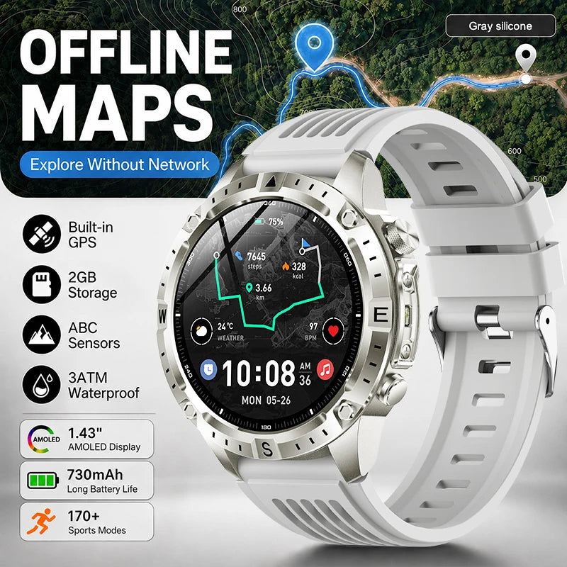 New Outdoor GPS Offline Map Smart Watch Men 3ATM Waterproof 170+ Sports LED Compass Altimeter AMOLED Bluetooth Call Smartwatch