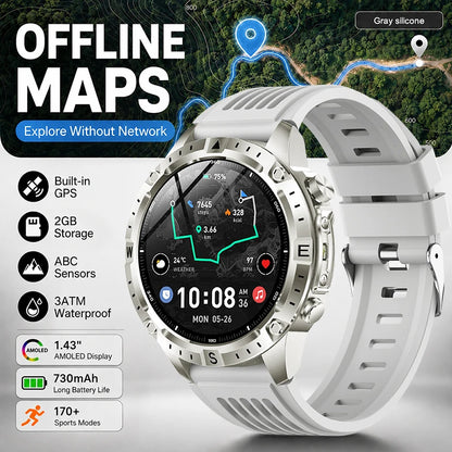 New Outdoor GPS Offline Map Smart Watch Men 3ATM Waterproof 170+ Sports LED Compass Altimeter AMOLED Bluetooth Call Smartwatch