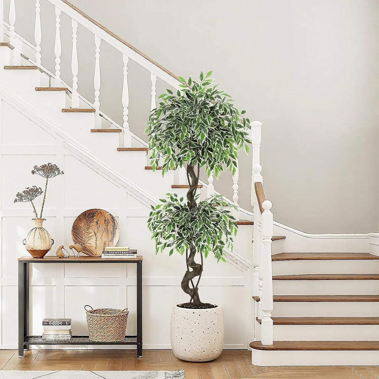 Artificial Ficus Tree Indoor Outdoor Fake Ficus Tree with Pebbles & Green Fake Moss, Pot Faux Tree for Office Home Decor