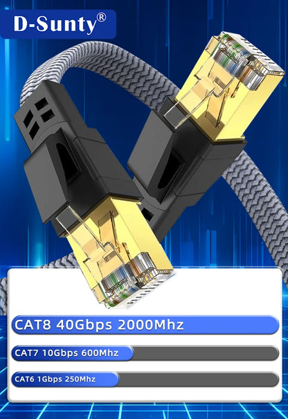 Cat 8 Ethernet Cable 40Gbps Nylon Braided Flat LAN RJ45 Cable 1M 2M 30M for Router Modem Laptop PC PS5 High Speed CAT8 Cable