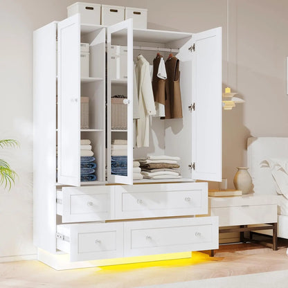 3 Doors Wardrobe Mirror 4 Drawers LED Light Large Capacity Bedroom Storage Cabinet, Custom