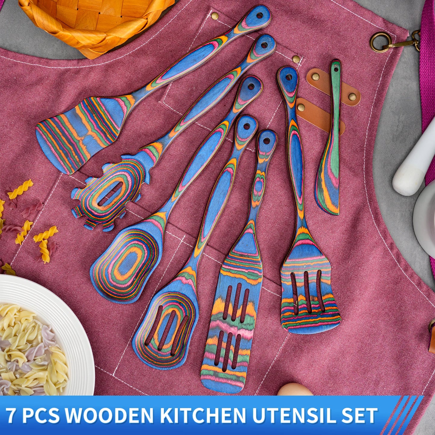 7Pcs Blue Pakkawood Wooden Cooking Utensils, Wooden Spoons For Cooking, Wooden Utensil Set.Pakkawood Utensils For Cooking.