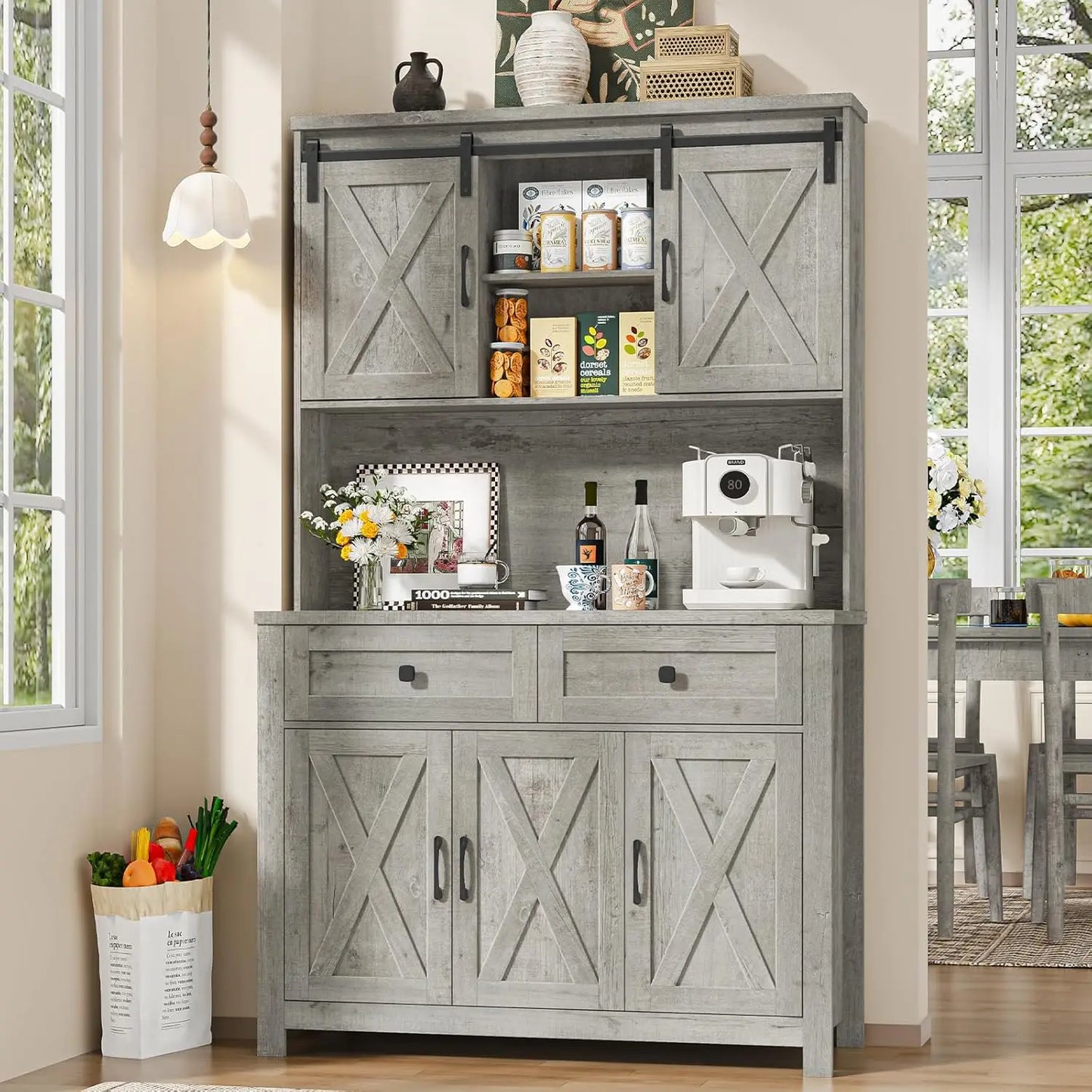 70.9" Tall Kitchen Pantry Cabinet with LED Light & Charging Station, Farmhouse Kitchen Hutch with Large Countertop & 10, Custom