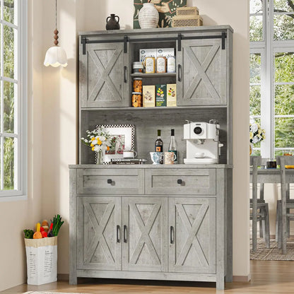 70.9" Tall Kitchen Pantry Cabinet with LED Light & Charging Station, Farmhouse Kitchen Hutch with Large Countertop & 10, Custom
