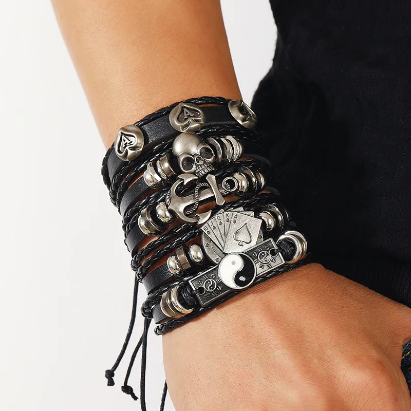 Fashion Bracelet Viking  Bracelet For Men Hand Bracelets Woven Skull Hand Jewelry Adjustable Leather Set viking man bracelet