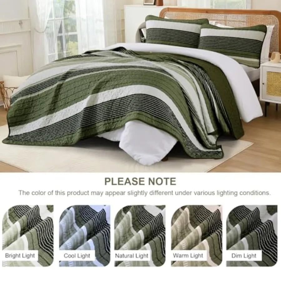King Size Quilt Set Sage Green Striped 3 Piece Summer Patchwork Bedspreads Coverlet Soft Lightweight Bedding Set with 2 Pillow
