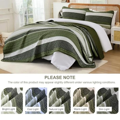 King Size Quilt Set Sage Green Striped 3 Piece Summer Patchwork Bedspreads Coverlet Soft Lightweight Bedding Set with 2 Pillow
