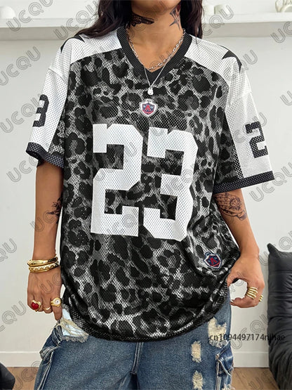Summer New Leopard No. 23 Print T-Shirt For Women V-Neck Patchwork Short Sleeve Sports Football Jersey Y2K Loose Oversized Tops