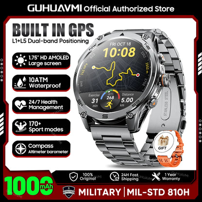 2026 Hot Sales Outdoor Durable GPS Sports Smart Watch Built-in GPS 1000mAh Battery 10ATM Waterproof 1.75" AOD Men Military Watch