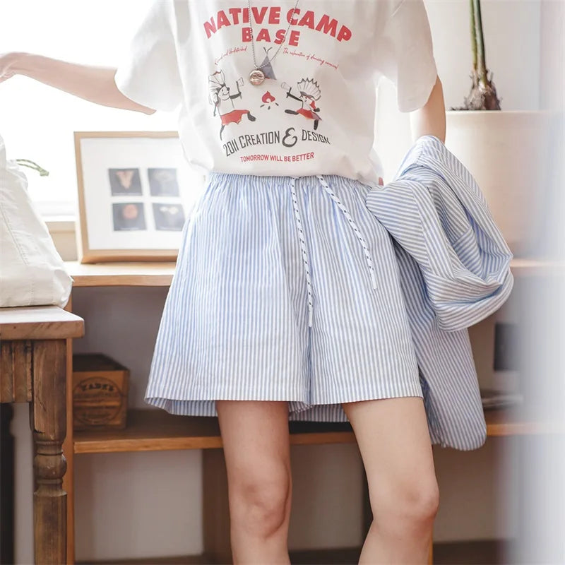 Maden Women's Blue White Striped Shirt and Shorts Sets Loose Casual French Classic Summer Suit Elegant Matching Two Piece Set