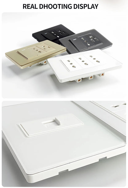 118*75mm TEMPERED GLASS SWITCH PANEL Wall Socket with USB Type - C, Grey US Switch, Thai Plug for Home & Office Use