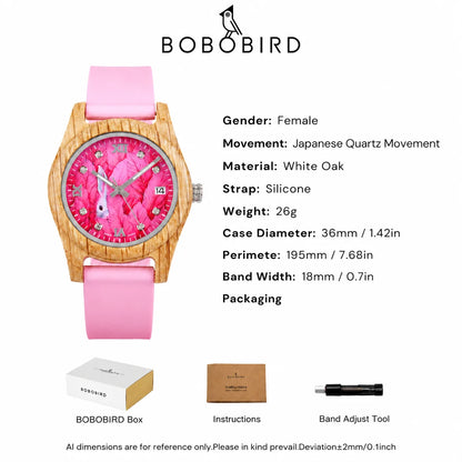 Women's Pink Wooden Watch Luxury Fashion Wristwatch Gift for Girls Elegant Quartz Watch with Silicone Strap Support Dropship