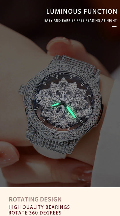 Popular women's watch with fashionable large dial, pentagram waterproof watch for girls, snowflake rotating hollow women's watch