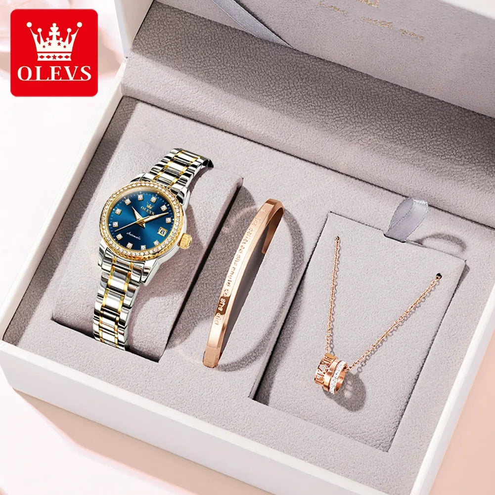 OLEVS 7003 Women Automatic Watch Waterproof Luminous Calendar Mechanical Ladies Wristwatch Steel Strap Luxury Watch Women