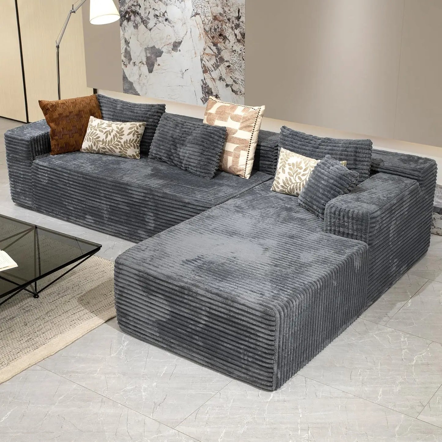 104" L-Shape Corduroy Sectional Sofa Deep Seat Chaise Living Room No Assembly Required, Custom