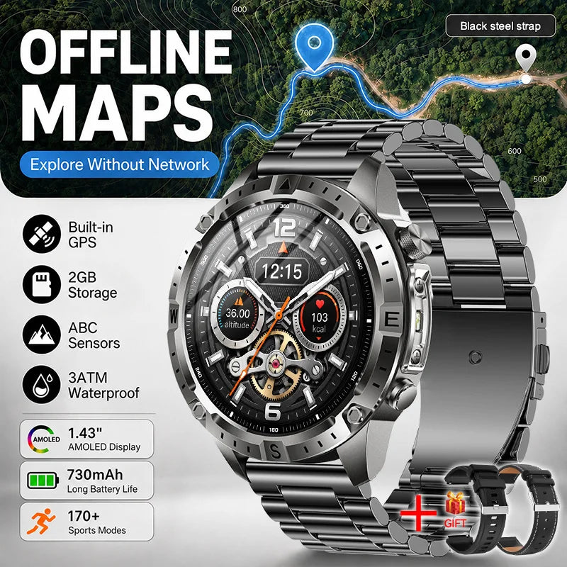 New Outdoor GPS Offline Map Smart Watch Men 3ATM Waterproof 170+ Sports LED Compass Altimeter AMOLED Bluetooth Call Smartwatch