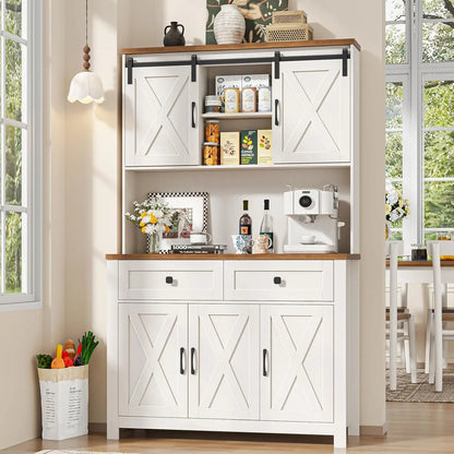 70.9" Tall Kitchen Pantry Cabinet with LED Light & Charging Station, Farmhouse Kitchen Hutch with Large Countertop & 10, Custom